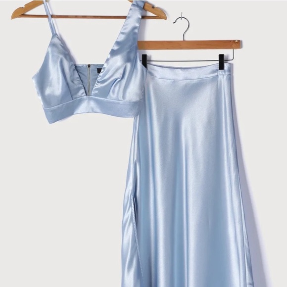 New Lulu's Forever a Flirt Light Blue Satin Two-Piece Midi Dress - Picture 6 of 10